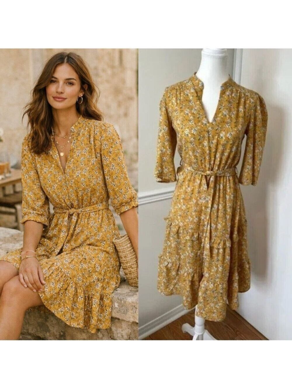🐈Monteau Mustard Tiered Floral Dress S